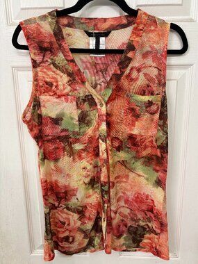 BCBGMAXAZRIA Floral Mesh Sleeveless Blouse Sheer Button Up Top Women's Size L